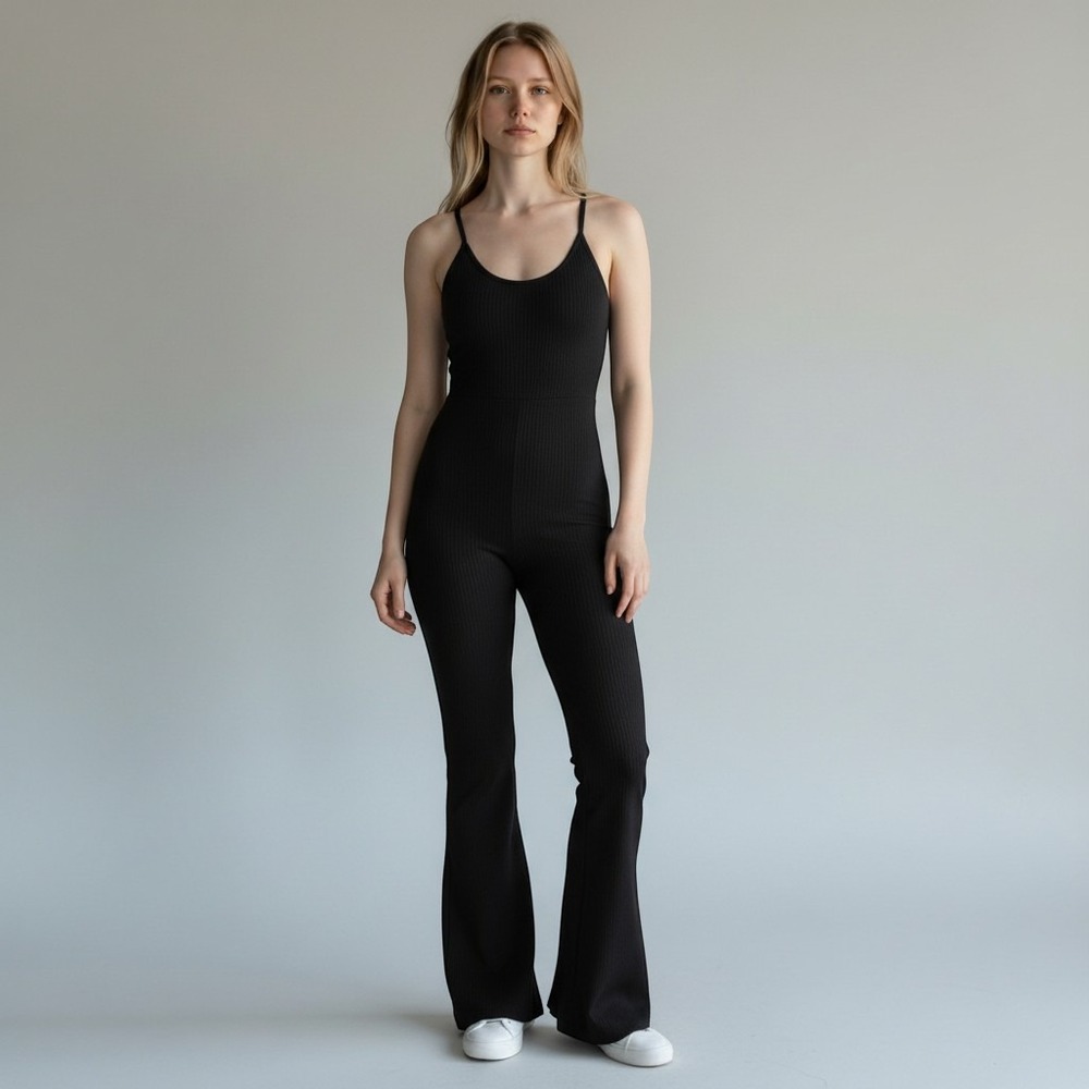 Vilanva Navy Ribbed Flare Jumpsuit Adjustable Straps Padded Bra Small